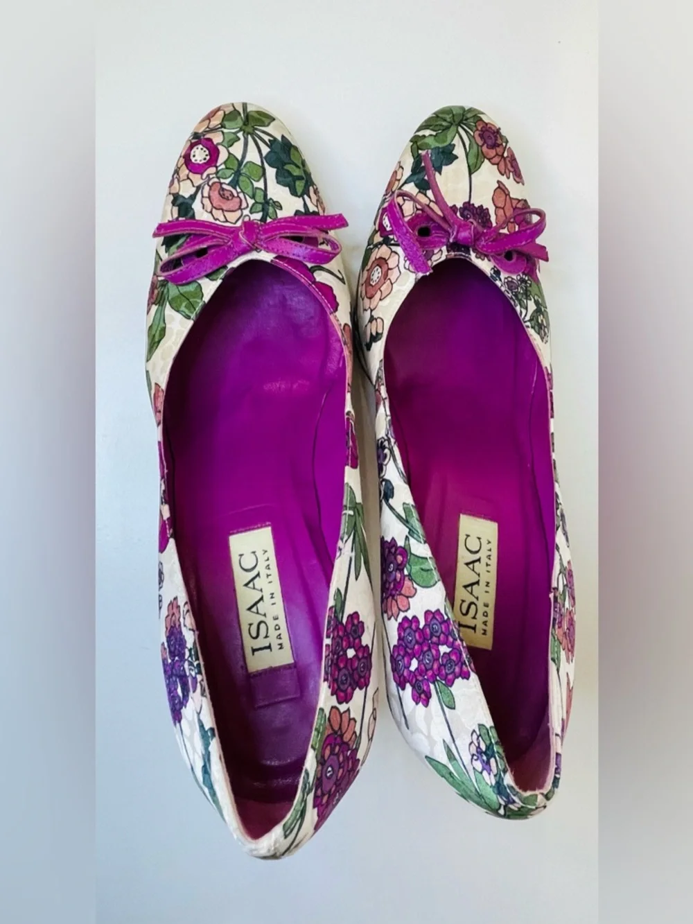 Isaac Y2K Silk Floral Cream and Purple Bow Heels Dress Pumps‎ Size 10
